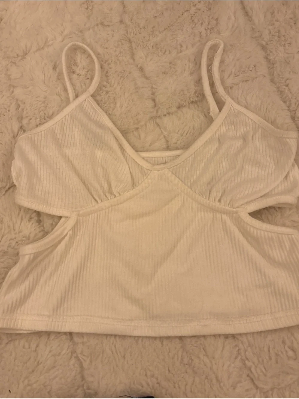 Women's White Ribbed Cutout Crop Tank Top - Picture 1 of 2